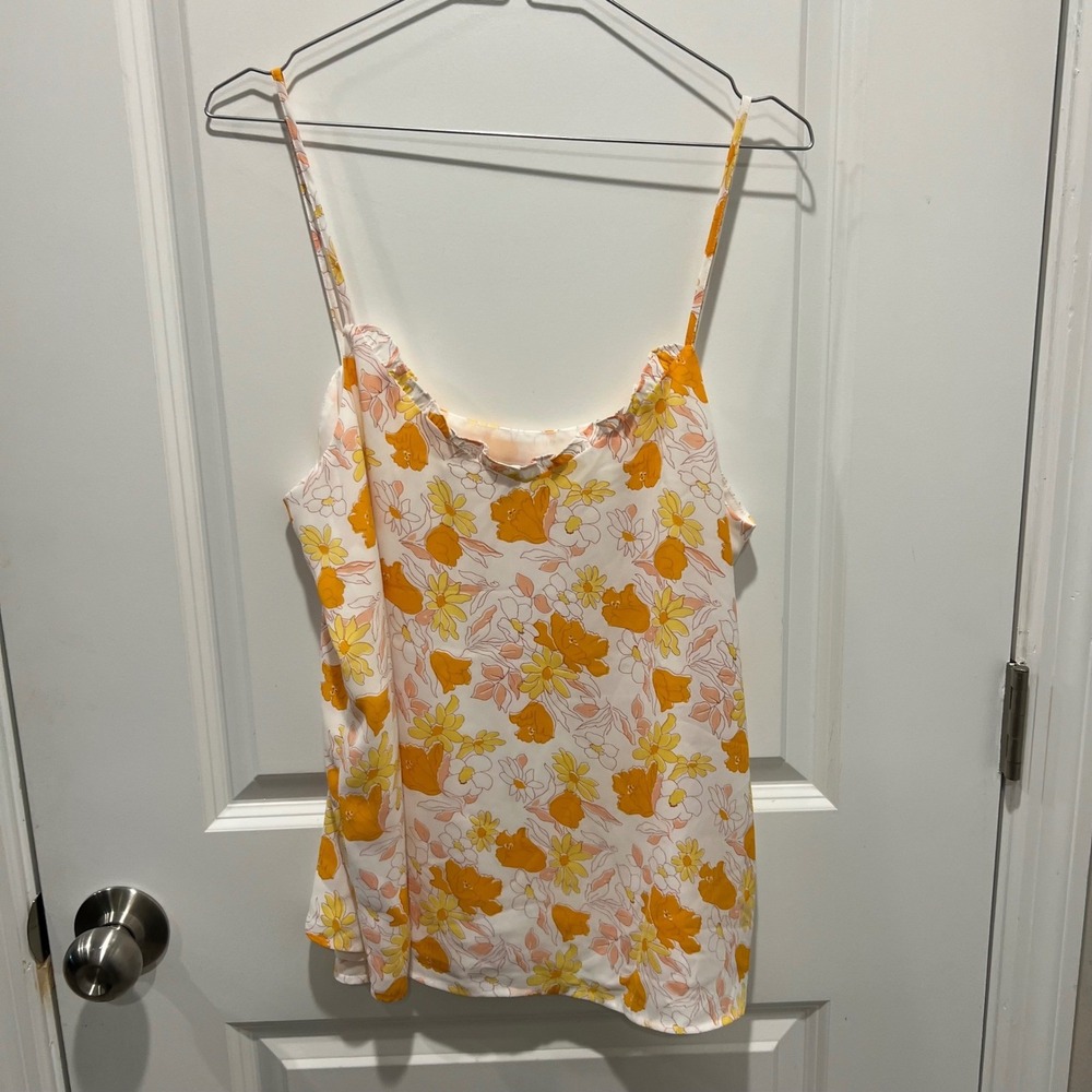 LOFT Outlet Womens Camisole Floral Print Ruffle Neckline Orange Yellow Size M